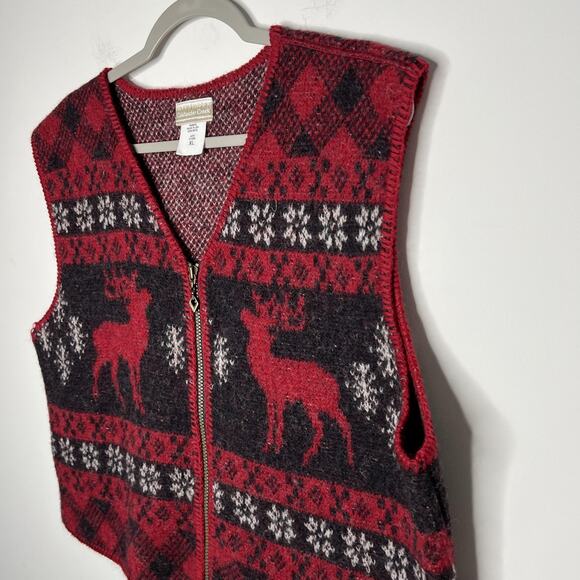 Coldwater Creek Sweater Vest Womens XL Red 100% Wool Zip Fair Isle Reindeer USA - Picture 2 of 8